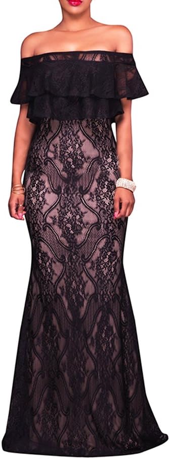 SunJet Lace Long Dress - Women’s Sexy Off Shoulder Ruffle Maxi Bodycon Dress, Evening Dresses