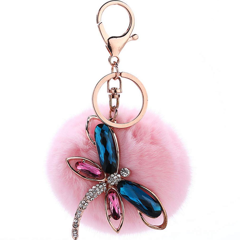 JK Home Dragonfly Pendant Ball Pom Pom Keychain for Car Phone Bag Toy Pink