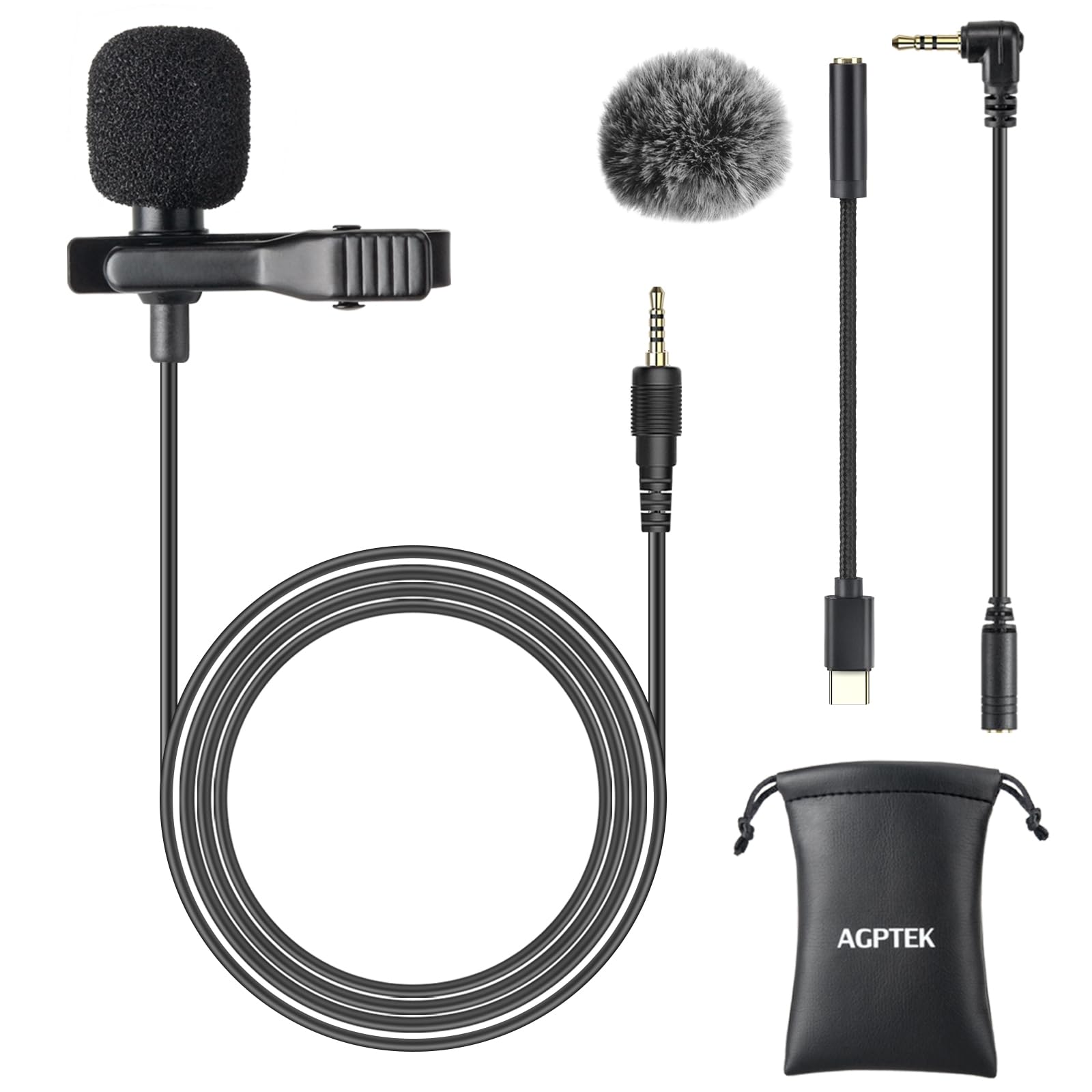 AGPTEK Lavalier Microphone, Clip-on Lapel Omnidirectional Condenser Mic with Wind Muff Type C 3.5mm Jack for Phone PC Laptop DSLR Camera Recording Interview, Podcast, Voice Dictation