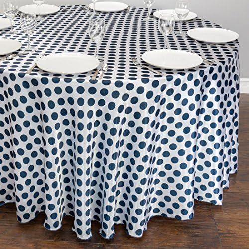 108 in. Round Polka Dot Satin Tablecloth White / Navy Blue