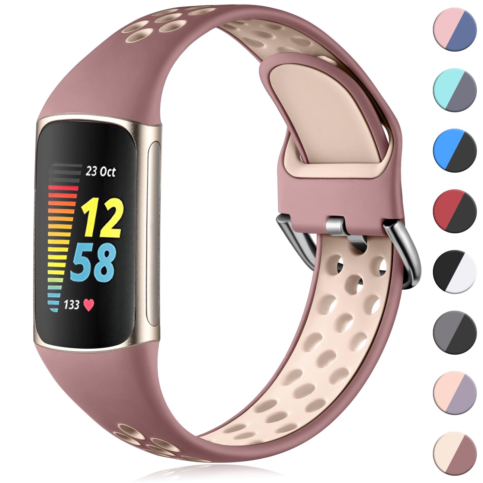CeMiKa Sport Silicone Strap Compatible with Fitbit Charge 5 Strap, Soft Adjustable Breathable Bands for Waterproof Replacement Wristband Straps, SmokeViolet, S 5.5''-7.1''