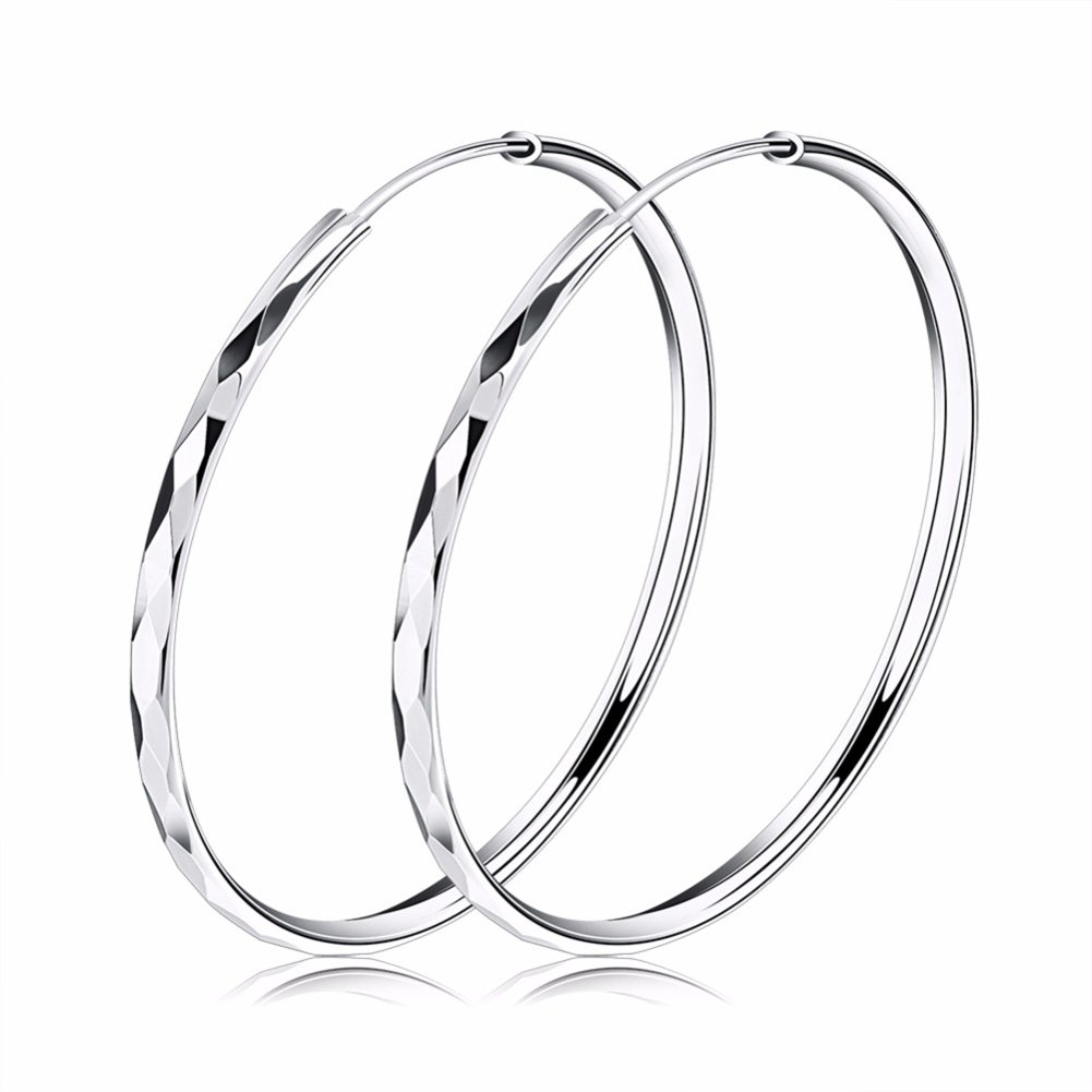 Josfeva Silver Hoop Earrings for Women, 925 Sterling Silver Twist Hoops Earrings, 40mm Hypoallergenic Large Round Circle Huggie Big Hinged Hoop Earrings With White Gold Plated, Gift for Women Girls