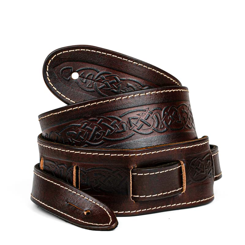Leathergraft Celtic Guitar Strap - Made From Grain Natural Tooling Leather with Traditional Celtic Pattern - Fully Adjustable Strap – 5cm Wide - Brown