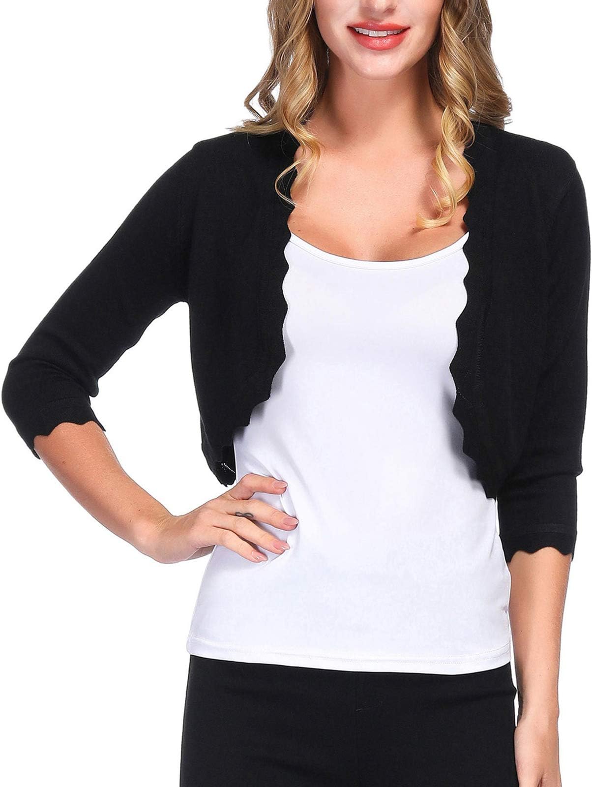 KANCY KOLEWomen's 3/4 Sleeve Shrug Cardigan Open Front Scalloped Knit Bolero Sweater Lightweight Elegant Cropped Cardigan