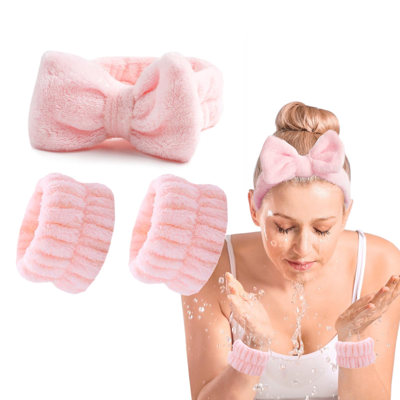 OWITER Skincare Headband and Wristbands Make Up Headband Wrist Bands for Face Washing Spa and Wristband Set Face Wash (Blush, 1) — image 1