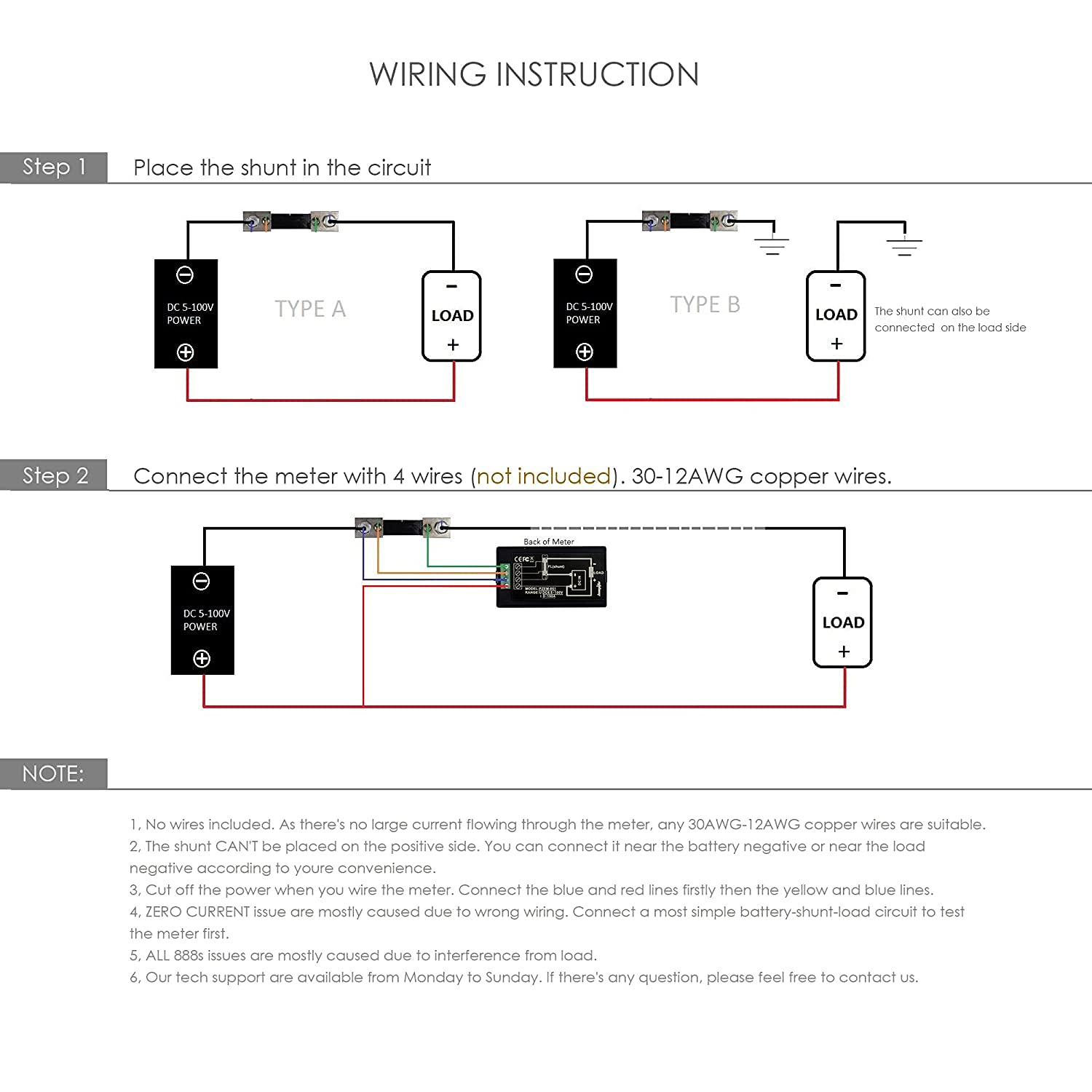 bayite DC 6.5-100V 0-100A LCD Display Digital Current Voltage Power Energy Meter Multimeter Ammeter Voltmeter with 100A Current Shunt