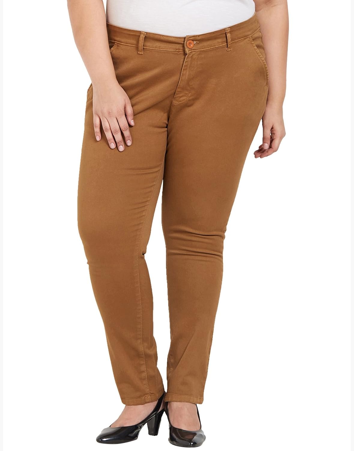 zush mid rise regular fit tobacco color cotton blend fabric plus sized formal pant for womens