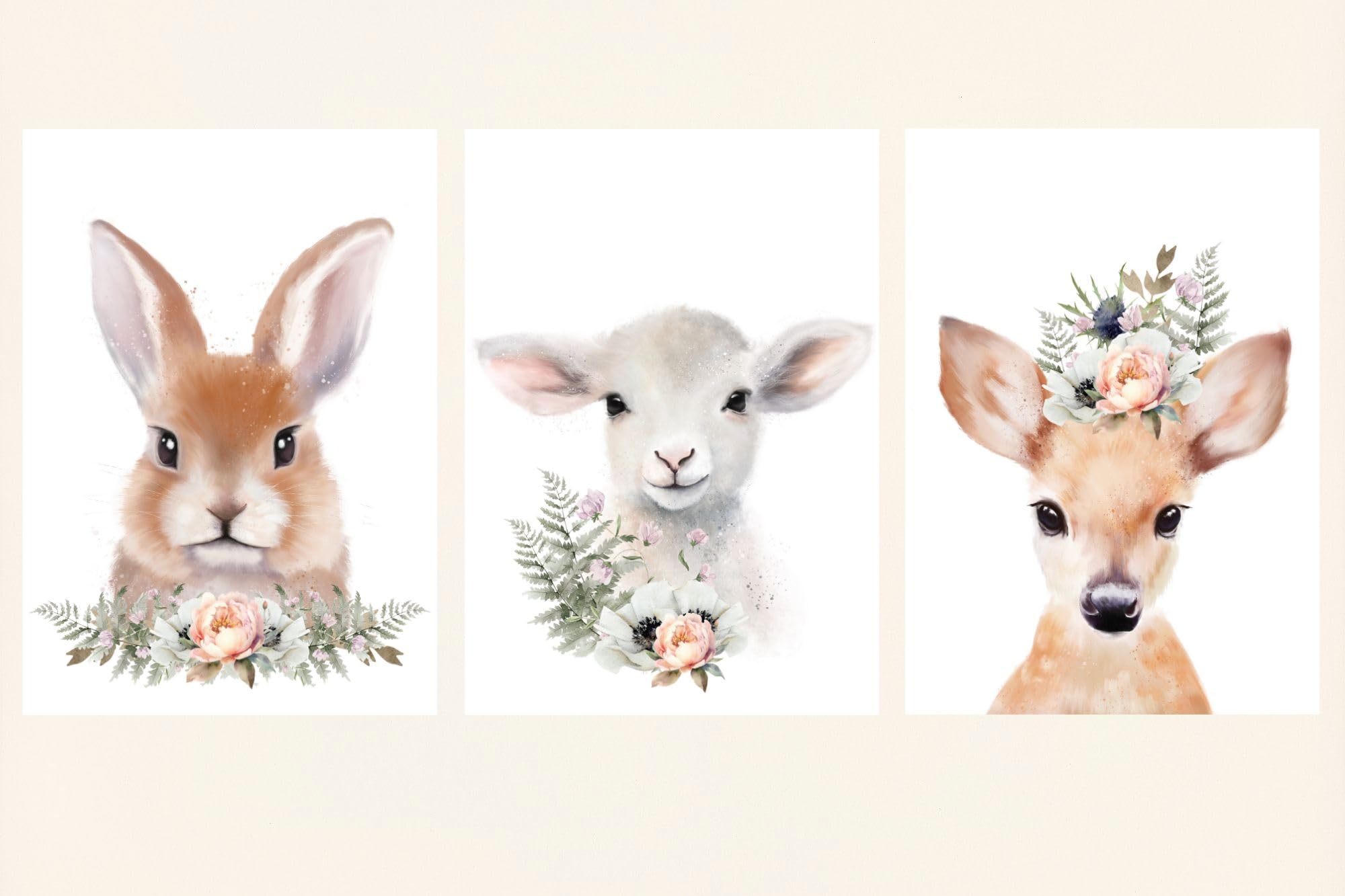 Woodland Forest Animals Baby Girl Nursery A4 Bedroom Prints Set Of 3, Pink Floral Fawn Lamb Bunny Wall Art Accessories, Childrens Decor Poster, Unframed