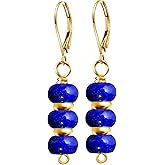 Natural Three Stone Dish Bead Dangle Earrings,14K Yellow Gold Real Quartz Crystal Gemstone Drop Earrings Beading Jewelry for Women