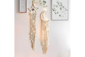 MGahyi 2pcs Moon Star Dream Catcher Decor,Macrame Woven Dreamcatcher with Light,Bohemian Wall Hanging Decoration,Bedroom,Home Decoration,Gift for Women, Girls（White Star Moon）