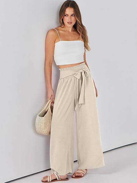 CARACILIA WOMEN PALAZZO SUMMER PANTS CASUAL HIGH WAISTED WIDE LEG BOHO PAJAMA FLOWY PANT VACATION CLOTHES TRAVEL OUTFITS X-LARGE APRICOT