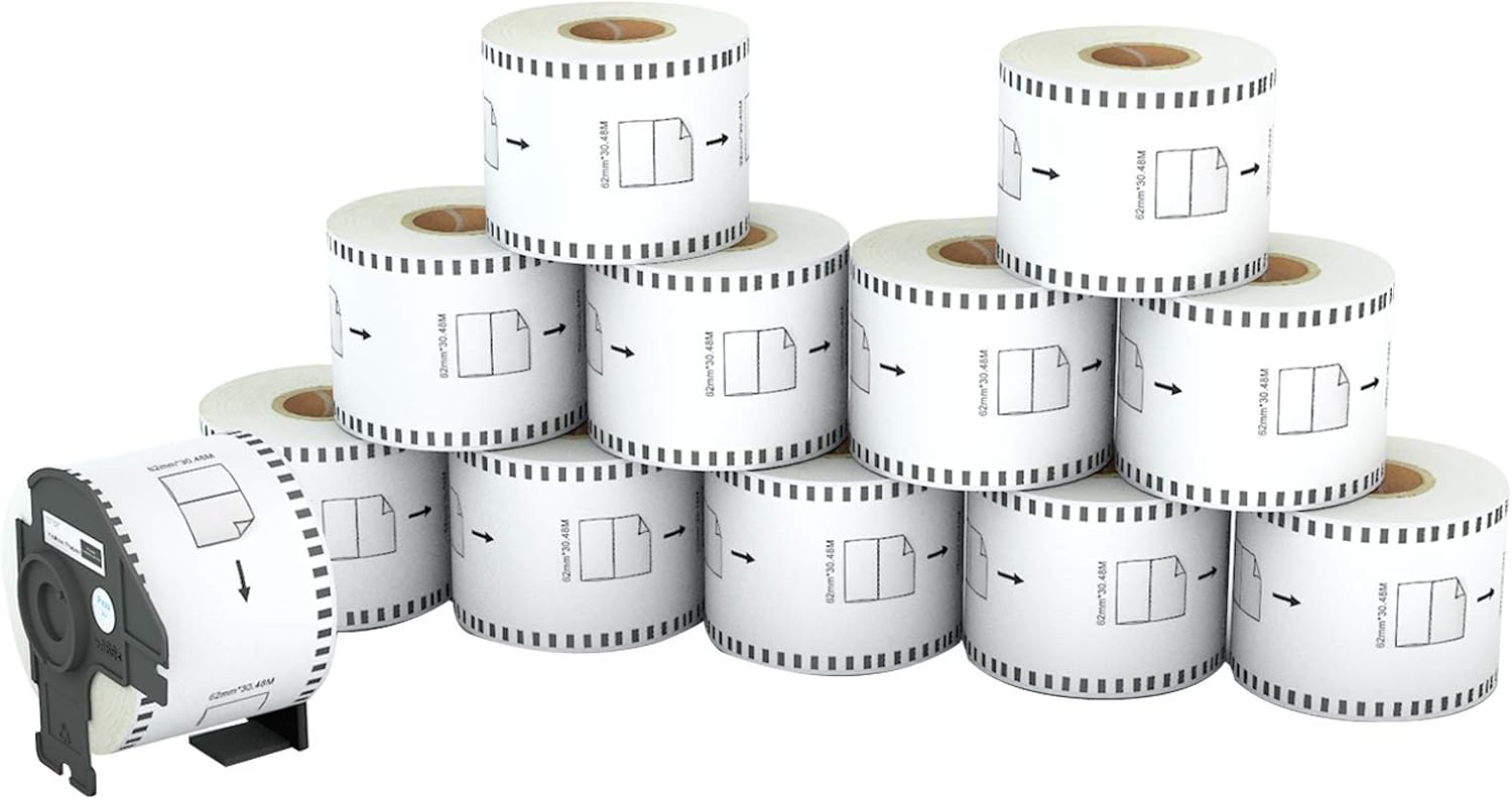 Printholic - Compatible DK-2205 Continuous Length Labels 2-3/7" x 100' (62mm x 30.48m) Replacement Labels for DK-2205 Compatible for Brother QL Label Printers (12 Rolls + 1 Refillable Cartridge Frame) : Office Products