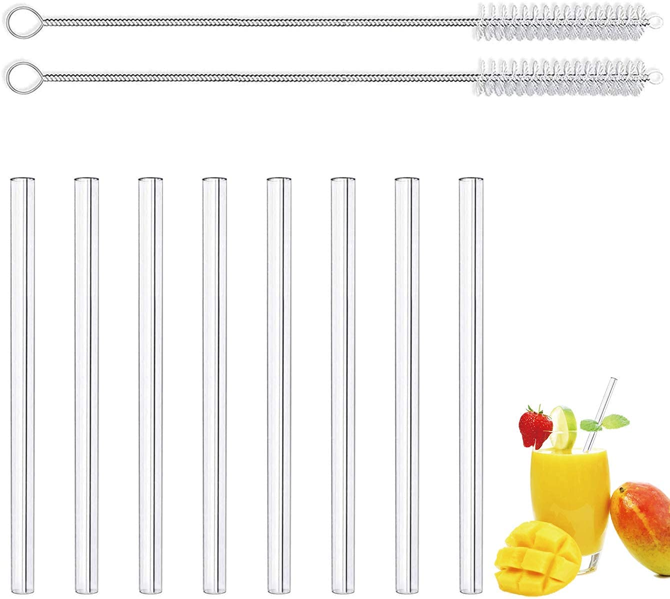 LessMo 8 Pcs 15cm Reusable Glass Straws-LFGB Certified Transparent Glass Straws with 2 Cleaning Brushes, Explosion-Proof, Environmentally Friendly, BPA-Free, for Cocktails
