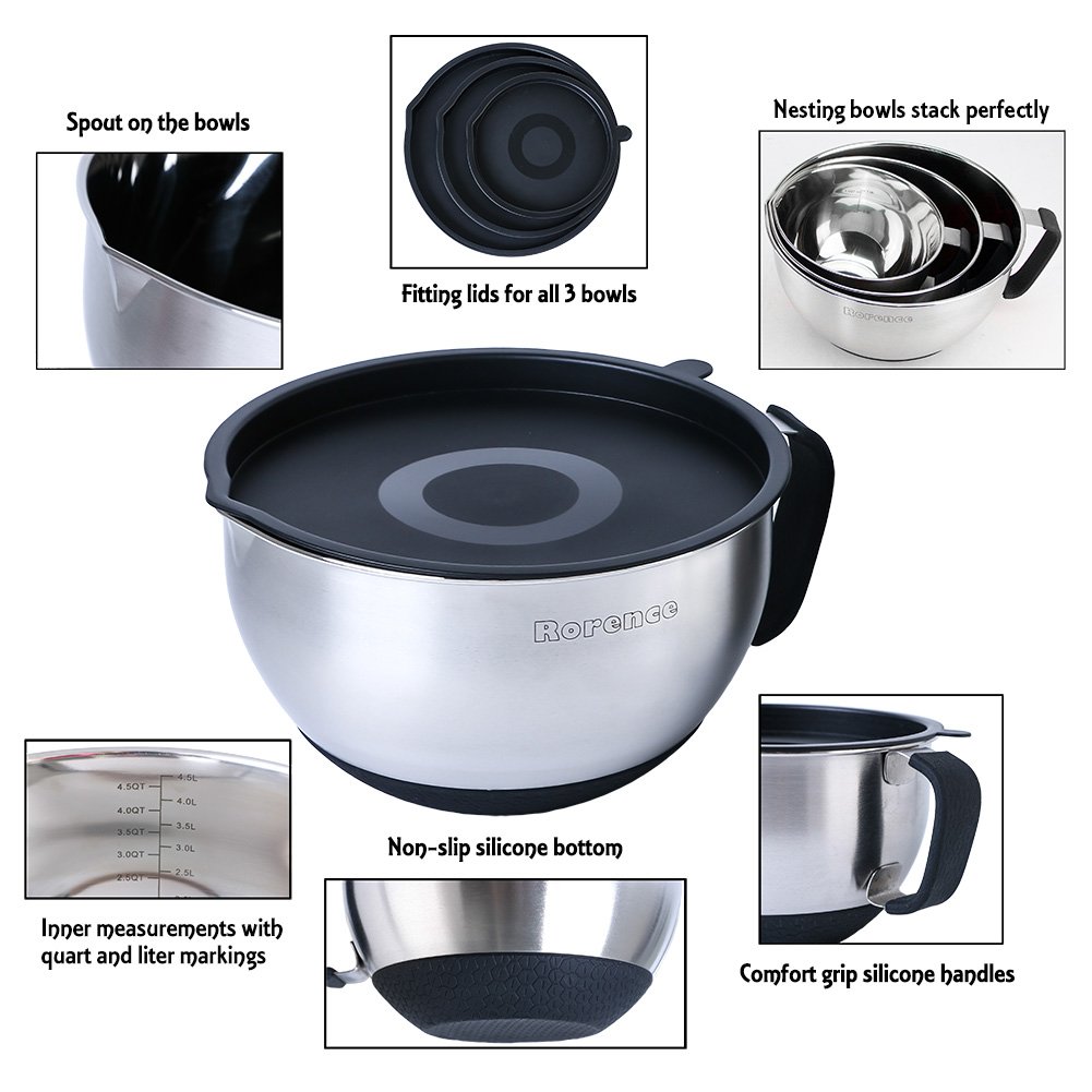 Rorence Stainless Steel NonSlip Mixing Bowls With Pour Spout, Handle