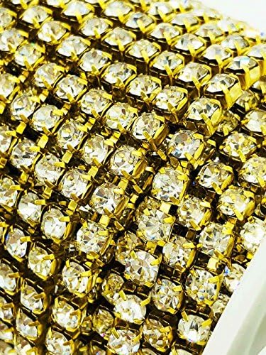 10 Yard (30 Ft) Gold Glass Rhinestone DIY Close Chain Clear Trim Sewing Craft (SS12 about 3mm, Gold)