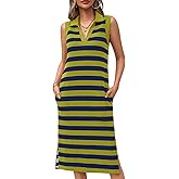 Wenrine Women's Striped Summer Dress Casual Polo V Neck Sleeveless Slit Loose Fit T Shirt Midi Dresses