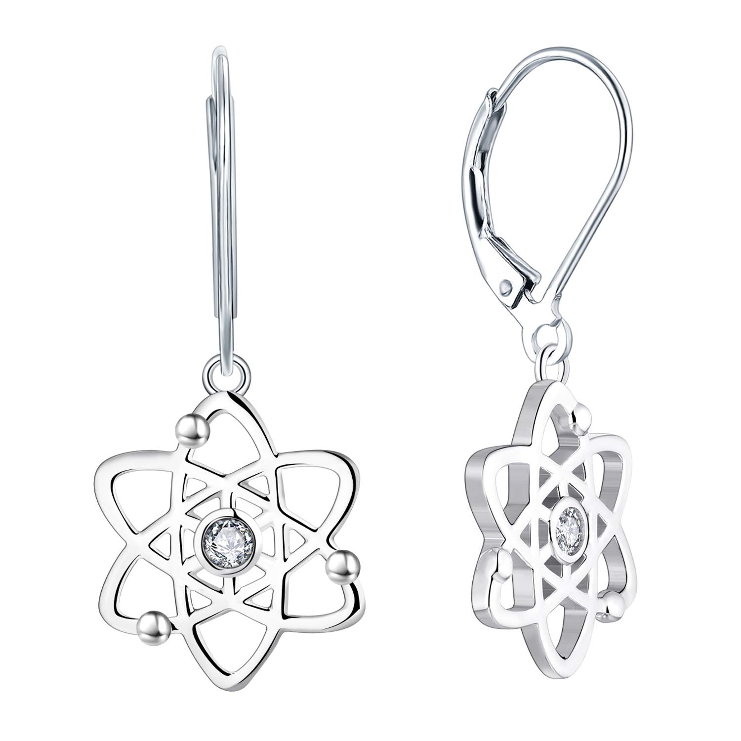JO WISDOM Women Atom Atheist Earrings,925 Sterling Silver Atomic Atheism 3A Cubic Zirconia Leverback Dangle & Drop Earrings with White Gold Plated,Science Jewelry for Women