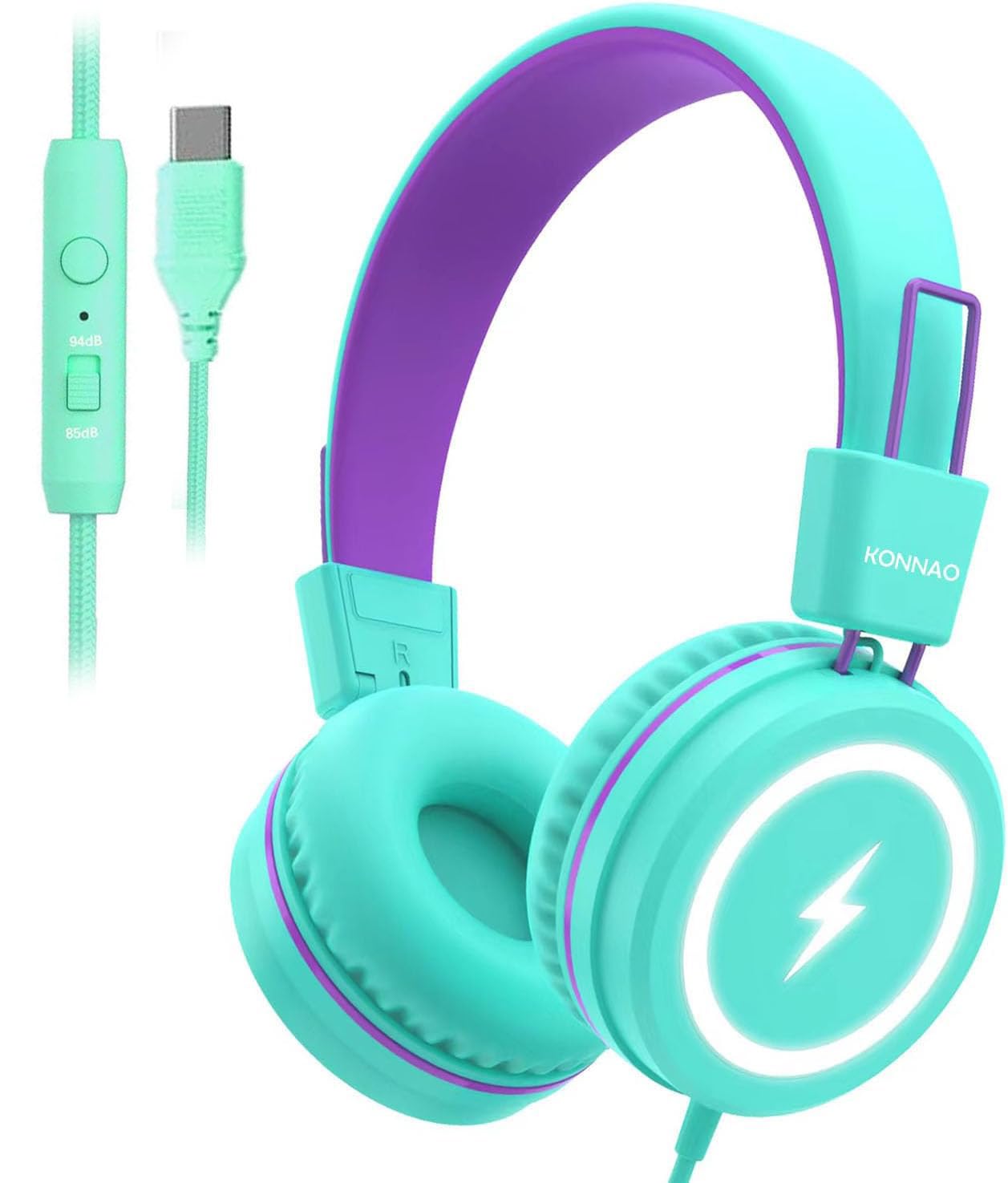 Photo 1 of Kid Headphones for School, USB Type C Kids Headphone with LED Lights, Wired Boys Girls Headphones with Safe Limiter 85dB/94dB, Foldable On Ear Headphones with Microphones for School/iPad, Green