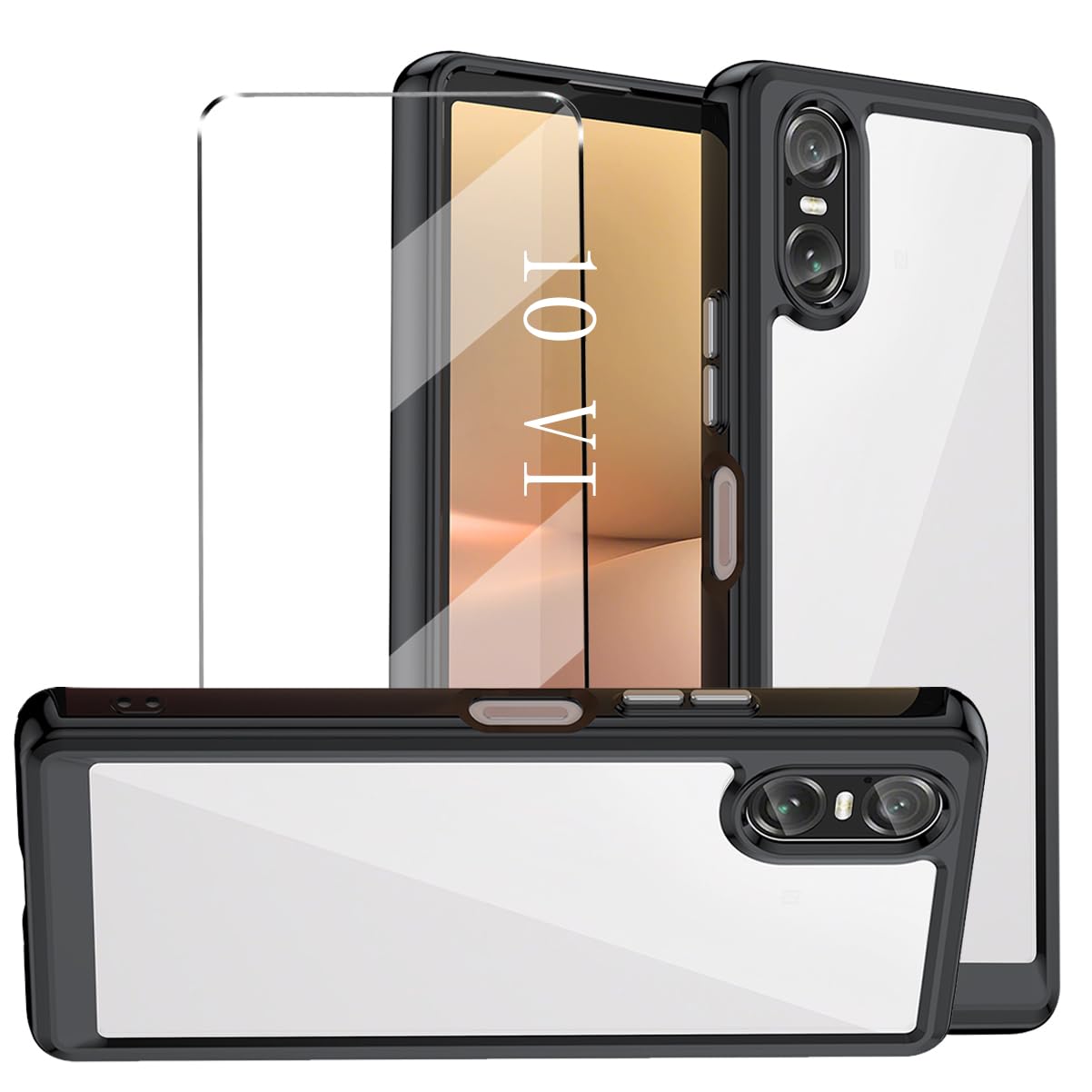 [2 in 1] Case Compatible with Sony Xperia 10 VI Cover with 1 Pack Tempered Glass Screen Protector for Sony Xperia 10 VI, Slim Fit Soft TPU + PC Shockproof Anti-Scratch Phone Case Cover - Black