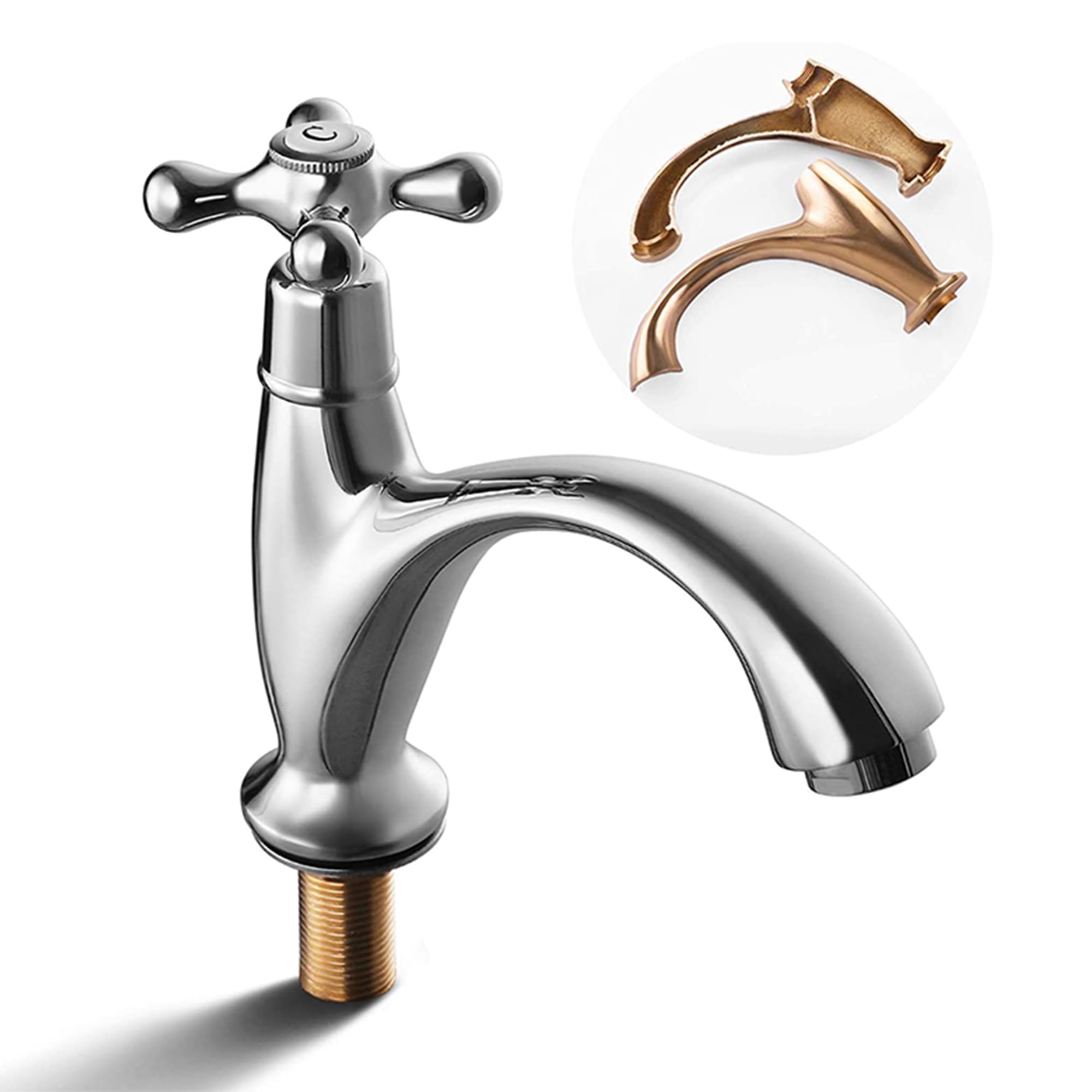 SKOWLL Single Handle Cold Water Faucet, Polished Chrome Deck Mount Bathroom Sink Faucet, 1 Hole Bathroom Vanity Sink Faucets