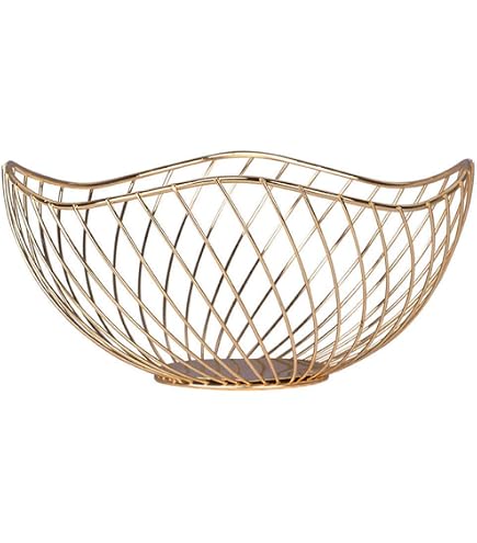 IBWell Cesto Portafrutta Intrecciato In Metallo Oro – Grande 30x15 Cm – Design Curvo Per Cucina