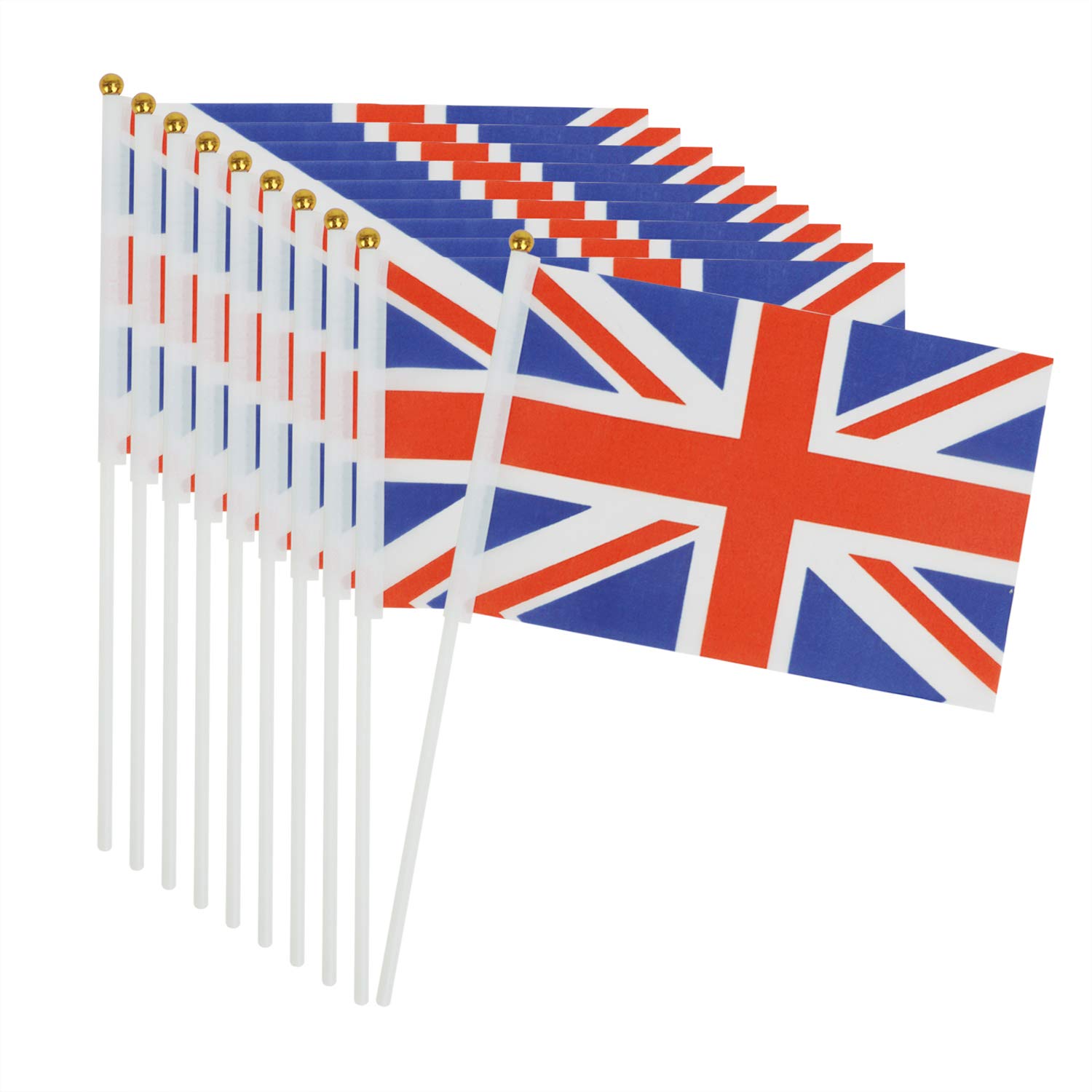 Moonlove Pack of 50 Union Jack Hand Waving Flags 14x21cm UK GB Great Britain Handheld Mini Stick Flags for Royals Parties Football National Activities