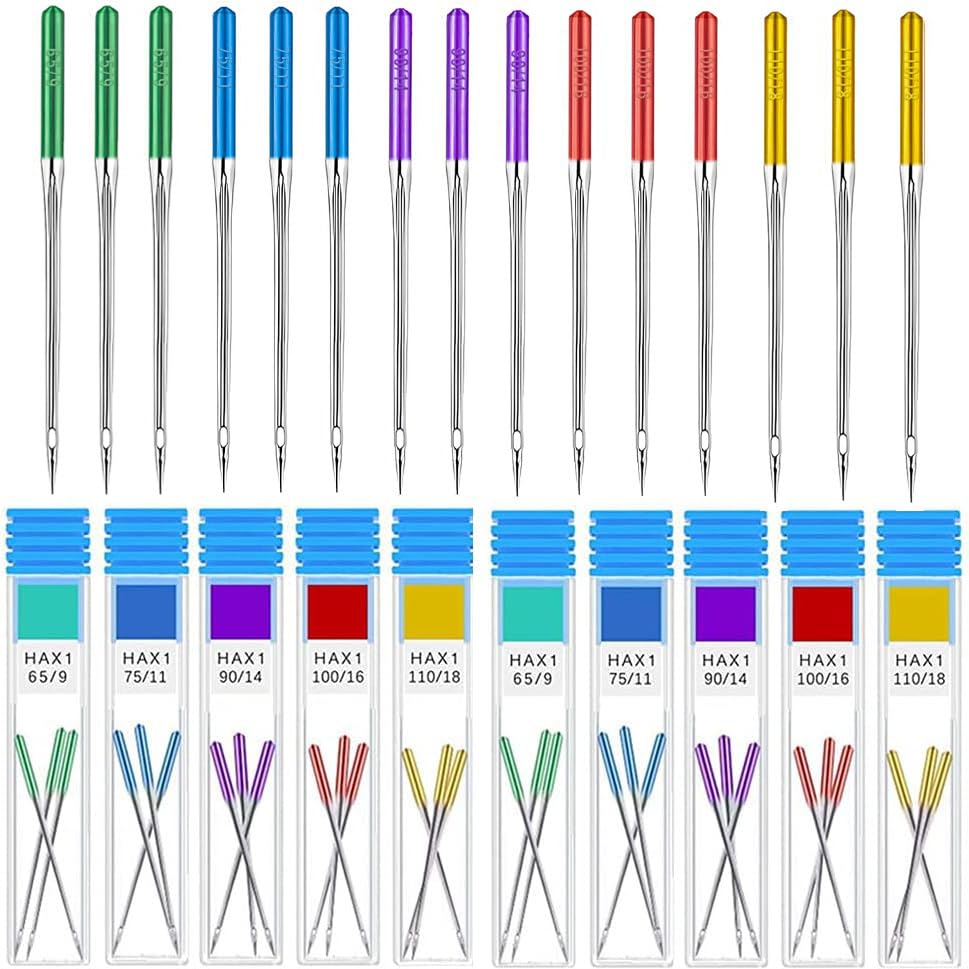YEQIN 30 Pieces Sewing Machine Needles Universal Regular Point Machine Needles for Singer, Brother, Janome Home Sewing Machine with Size in HAX1 65/9, 75/11, 90/14, 100/16, 110/18 (5 Colors)