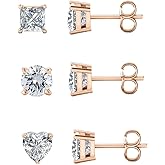Savlano 3 Pair 14K Rose Gold Plated Cubic Zirconia Princess, Round & Heart Cut Stud Earrings For Women & Men