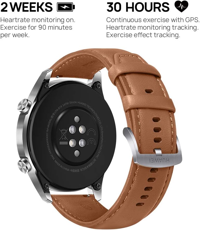 Huawei Watch GT 2 2019 Bluetooth SmartWatch, Longer Lasting 2 Weeks Battery Life, Waterproof, Compatible with iPhone and Android, 46mm (Pebble Brown)