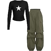 Cakaner Tween Girls Clothes Ribbed Star Printed Shirt + Cargo Pants Sets Fall Outfits Sizes 7-16 Years