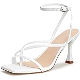 LOOPCHARM Women's Strappy High Heels Sandals Square Open Toe Ankle Strap Slingback Thong Stilettos Shoes for Wedding