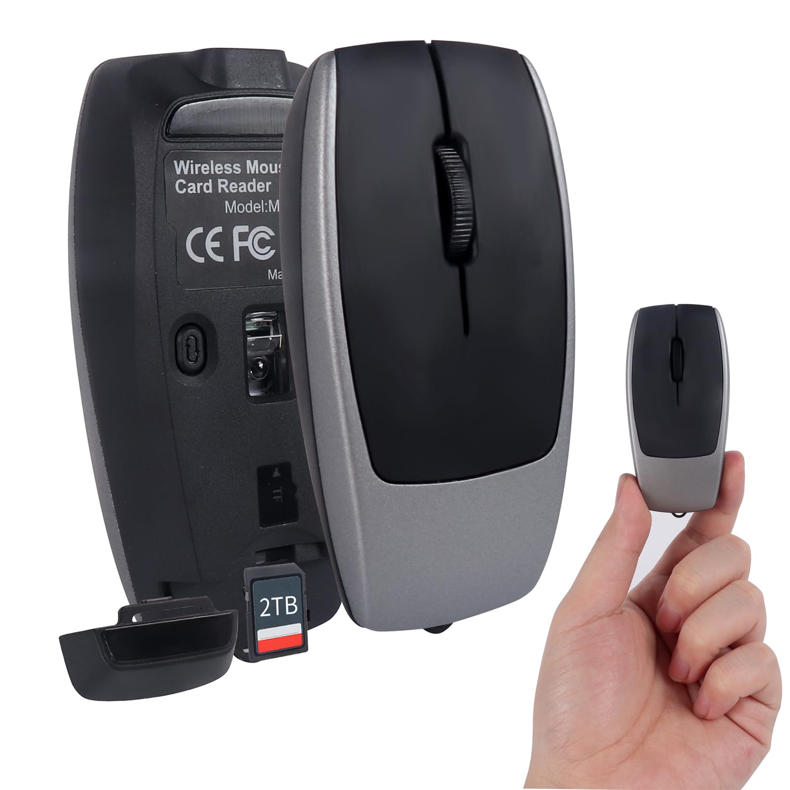 Photo 1 of Mini Bluetooth Wireless Mouse with TF Card Reader, Rechargeable, Silent Click, Portable for Laptop, PC, Travel, Office & Home Use (Grey)