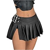 SweatyRocks Women's Y2K Pleated Mini Skirts Buckle High Waisted Split Faux Leather Goth Skirt
