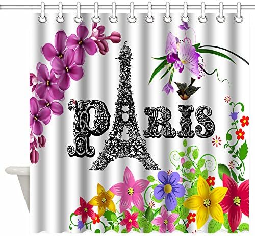 Luckcac 72 x 72 Inch Shower Curtain Custom, Abstract Vintage Floral Paris Eiffel Tower Design Art with Colorful Flowers Blossom Bird Scenery