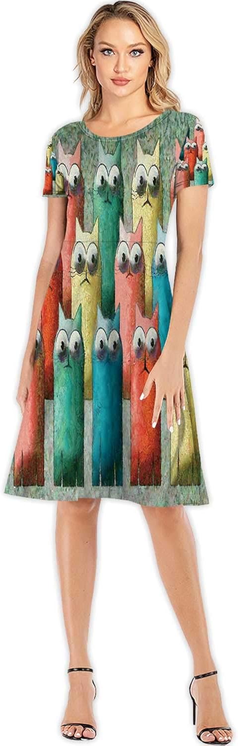 Cats Colorful Cartoon Painting Woman Fashion Apparel Evening Dress,104211 for Party,S