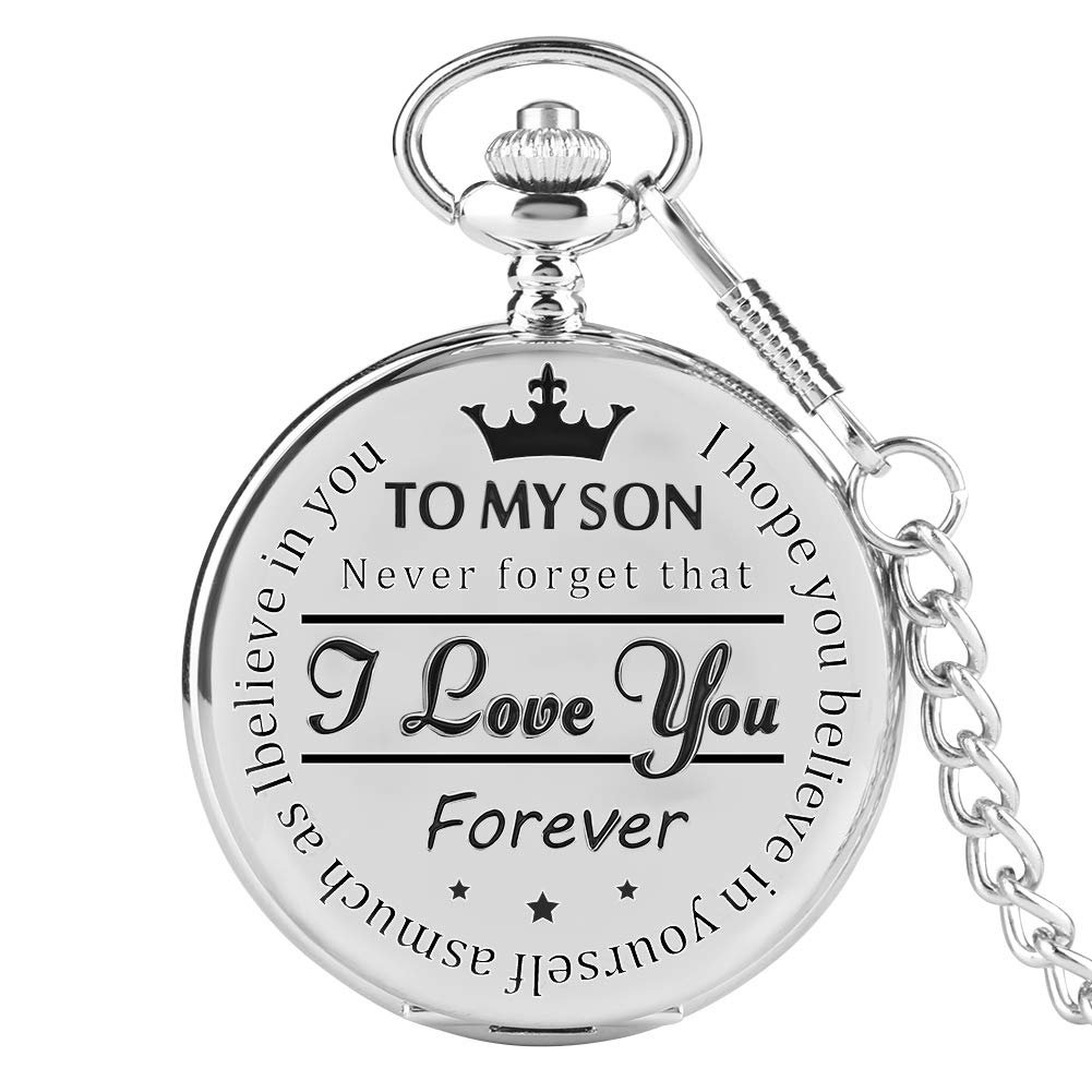 CokinkiDs Engraved Quartz Pocket Watch Roman Numbers Display Chain Personalised Pocket Watch for Men, Boys & Adults