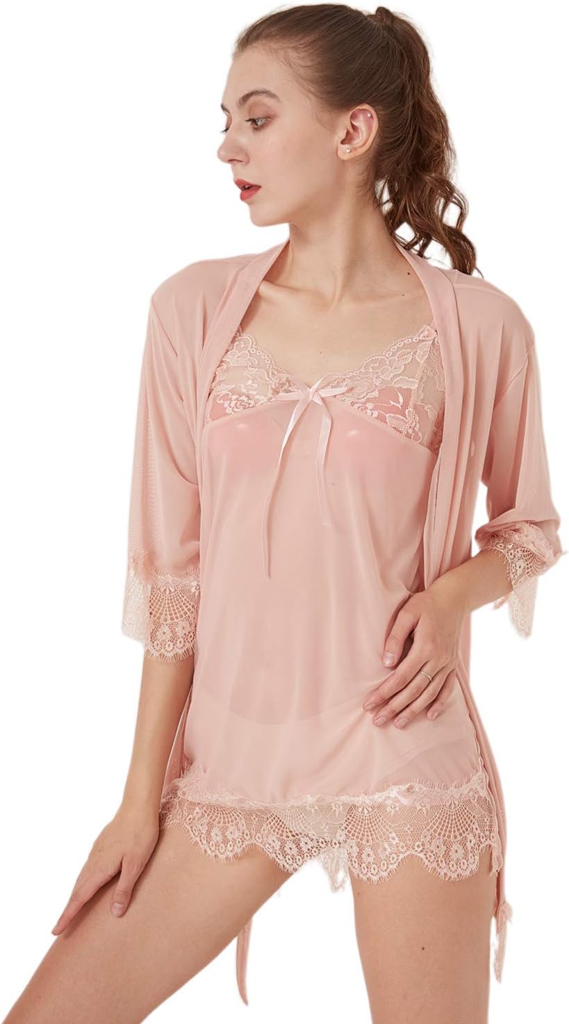 3pcs Womens Sexy Lingerie Dress Set Lace Babydoll Sleepwear Nightwear with G-String Belt