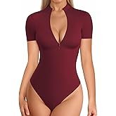MANGOPOP Long Sleeve Body Suit Mock Turtle Neck Zip Up Bodysuit for Women Ribbed Deep V Sexy Bodysuit Shirts