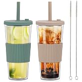 UHAPEER 2 Pack Reusable Boba Cups with Lids and Straws 24Oz Iced Coffee Cup | Leakproof Clear Plastic Coffee Tumbler, Double 