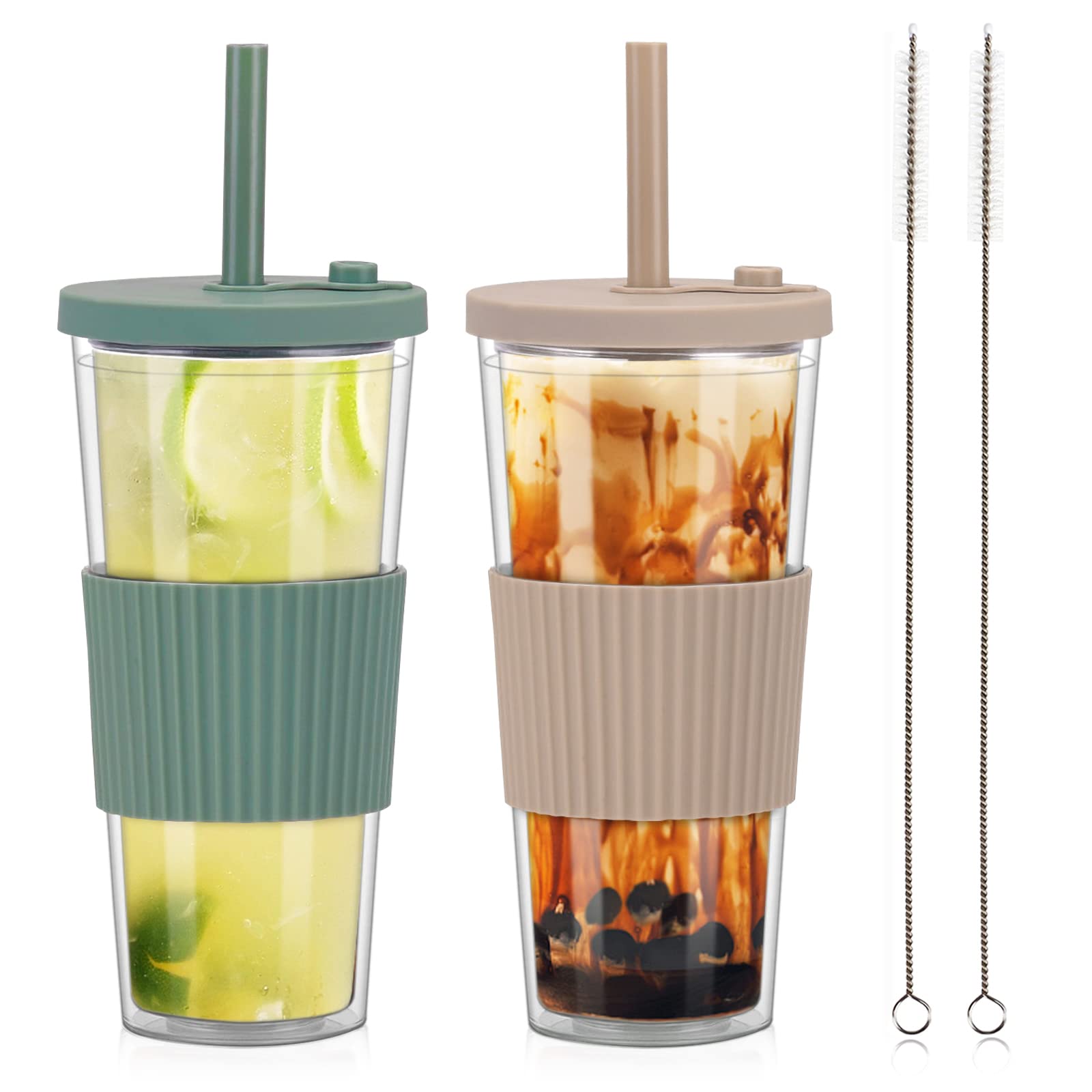 ZgoEC 2 Pack Reusable Bubble Tea Cup with Straw, 730ml/24oz Clear Smoothie Tumbler with Lids and Straws, Leakproof Clear Plastic Cups Iced Coffee Cup, Double Wall Tumbler Bubble Tea Cup for Drinks