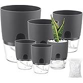 Planterhoma 6 Pack Self Watering Pots for Indoor Plants, 3.2/4/6 Inch Plant Pot Plastic Self Watering Planter for Orchid, African Violet, Small Clear Flower Pots with Drainage Holes and Wicking, Grey