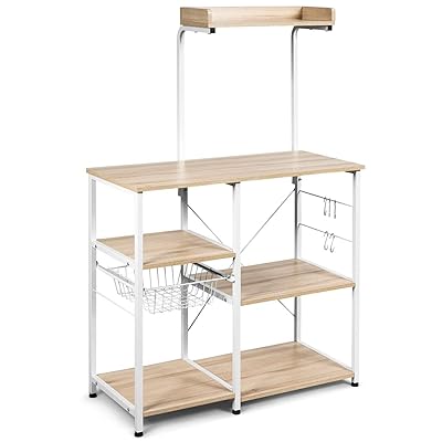 Giantex 4-Tier Microwave Baker's Rack with 5 Hooks, Beige & White