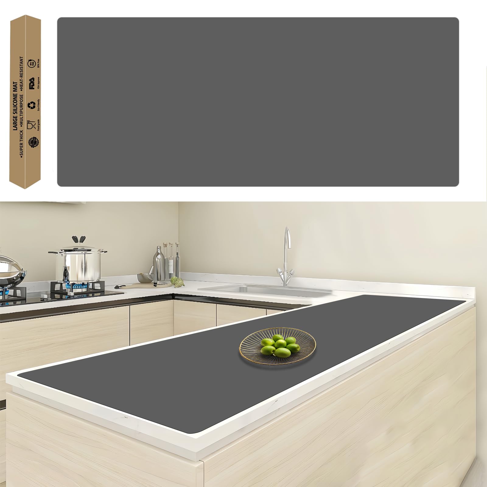 Photo 1 of 120"x24"(305cmx60cm) Large Silicone Kitchen Counter Mat, Heat Resistant Non-Slip Countertop Protector, Waterproof Multipurpose Mat for Kitchen Island, Dark Gray