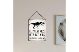 Dinosaur Punctuation "Let's Eat Kids" Hanging Plaque, 6.7 x 10 Inches Funny Grammar Wall Decor for Classroom, Playroom, Home