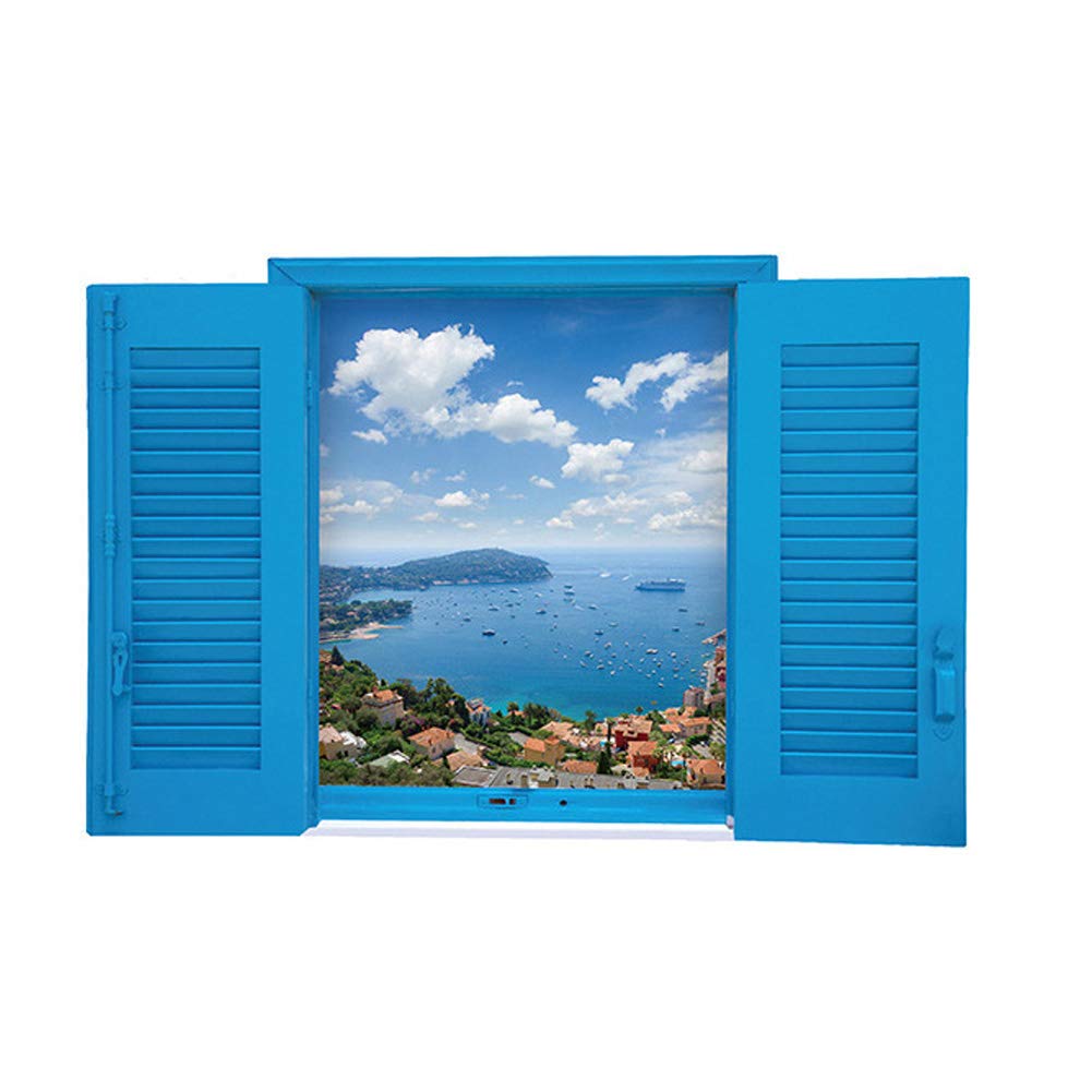 Blue Sea View from Wooden Window Wall Sticker for Home Decor