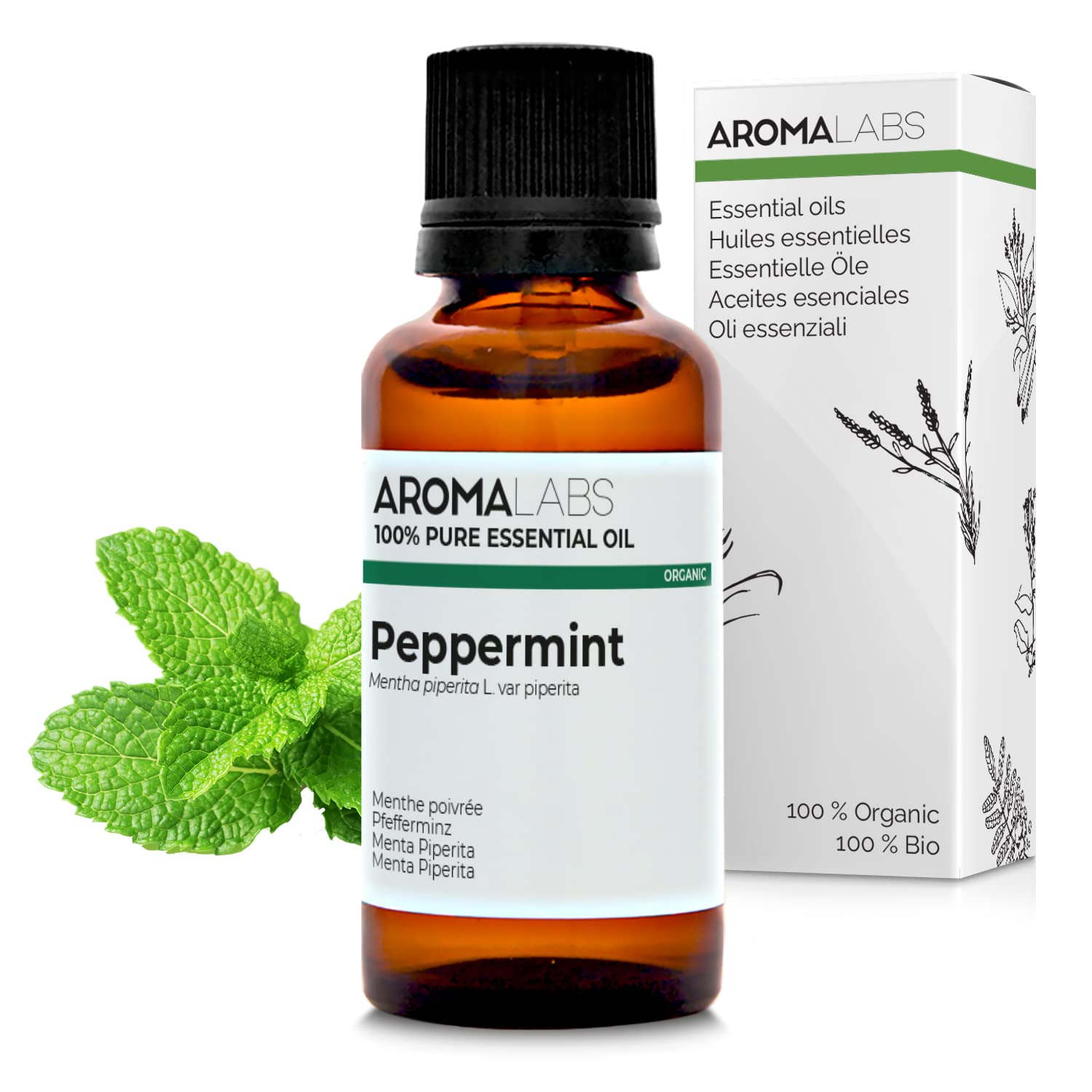 Aroma Labs - Olio Essenziale di Menta Piperita - Certificato Biologico Ecocert - 100% Puro, Naturale, Integrale - Chemiotipo e Composizione Biochimica Garantiti - Ecopackaging Made in France - 30ml