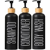 HOMCDALY 16oz 3-Pack Refillable Black Bathroom Shower Set - Empty Bottles with Pump for Shampoo, Conditioner, or Body Wash