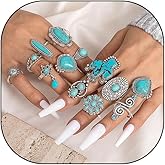 Uarein Boho Turquoise Ring for Women Silver Western Stackable Knuckle Rings Vintage Cactus Flower Midi Finger Ring Statement Jewelry Gifts