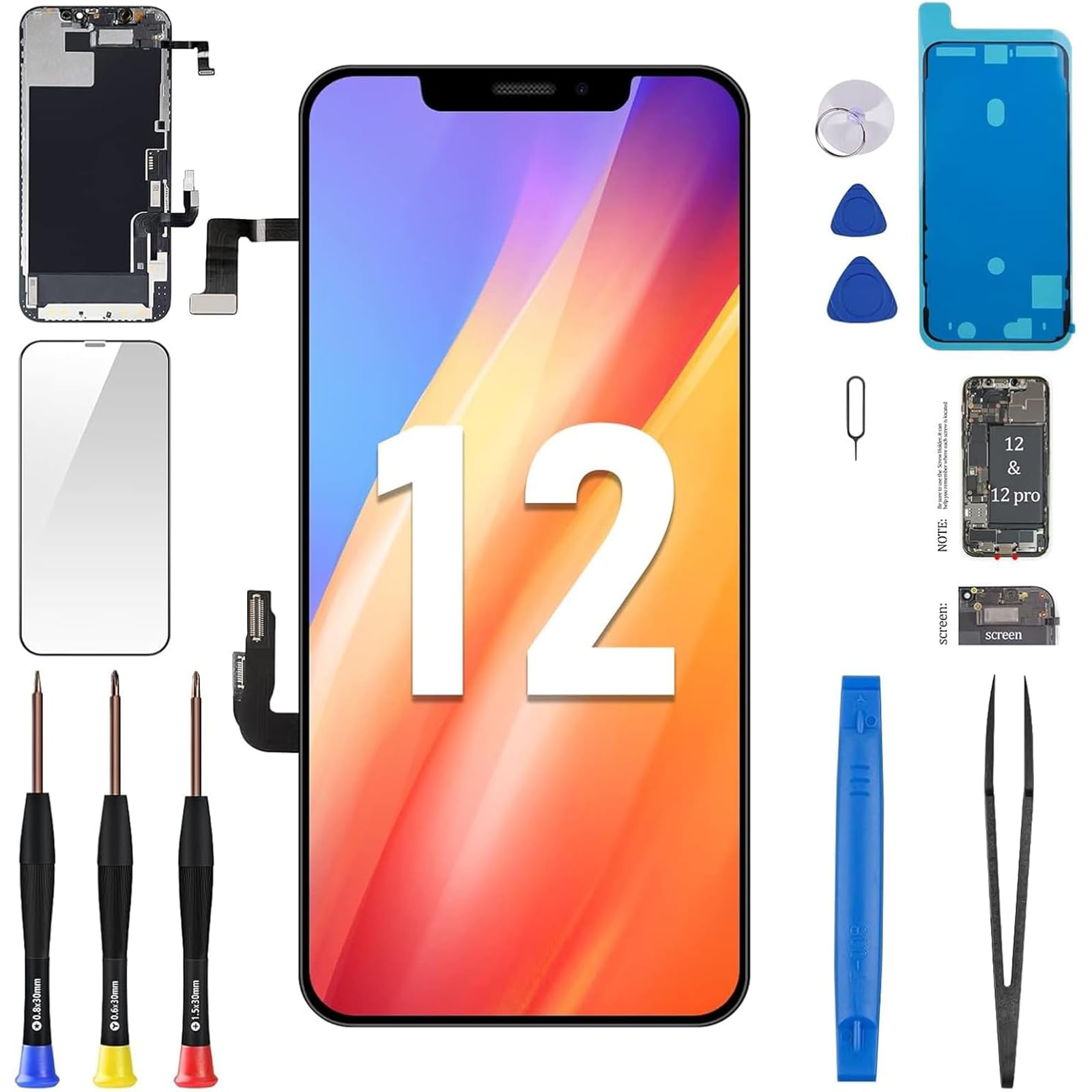 Photo 1 of BESJMYT for iPhone 12/12 Pro Screen Replacement 6.1" with Ear Speaker Proximity Sensor 12Pro 3D Touch LCD Display Digitizer Full Assembly Front Earpiece Repair Kits Fix Tools A2172 A2402 A2403 A2404