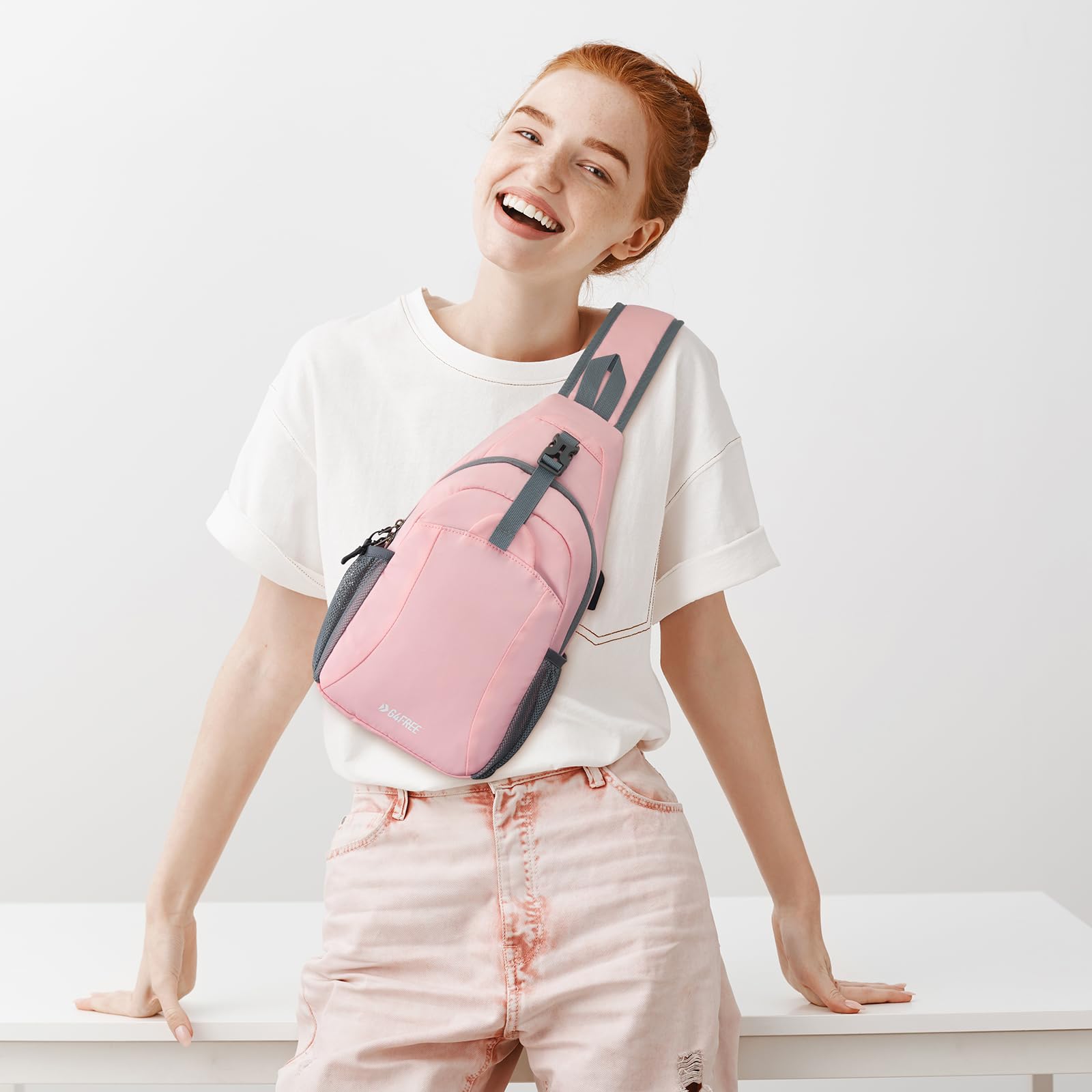 G4Free Sling Bag RFID Crossbody Sling Backpack with USB Charging Port, Travel Hiking Daypack Shoulder Chest Bag for Women Men(Pink)